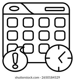 Icono de recordatorio de cita representado por calendario, reloj, marcador Estilo de línea.