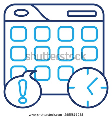 Appointment reminder icon represented by calendar,clock,marker Dual Line style.