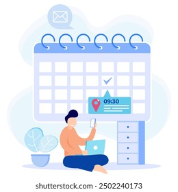 Ilustración vectorial del calendario de citas. Carácter plano con calendario de programación. Sistema de organización de reuniones, gestión del tiempo para fijar los plazos de las reuniones, órdenes del día.
