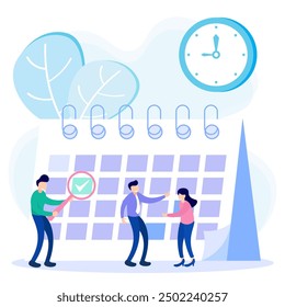 Ilustración vectorial del calendario de citas. Carácter plano con calendario de programación. Sistema de organización de reuniones, gestión del tiempo para fijar los plazos de las reuniones, órdenes del día.