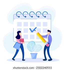 Ilustración vectorial del calendario de citas. Carácter plano con calendario de programación. Sistema de organización de reuniones, gestión del tiempo para fijar los plazos de las reuniones, órdenes del día.