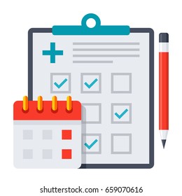 Appointment scheduler concept with document, calendar and pencil, vector illustration in flat style