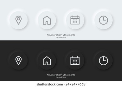 Signo de cita. Conjunto de Botones redondos en blanco y negro con símbolos de cita. Locación, Dirección, fecha y hora. Estilo de diseño de neumorfismo 3D para Sitios web, interfaces y App móviles. UI UX.