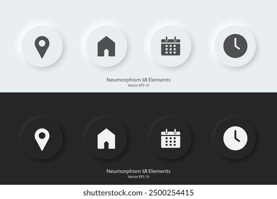 Appointment sign. A set of black and white  buttons with appointment symbols. Location, address, date and time icon. 3D Neumorphism design style for Websites, Interfaces, and mobile apps. UI UX.