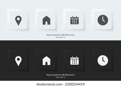 Signo de cita. Un conjunto de Botones cuadrados en blanco y negro con símbolos de cita. Locación, Dirección, fecha y hora. Estilo de diseño de neumorfismo 3D para Sitios web, interfaz y App móviles. UI UX