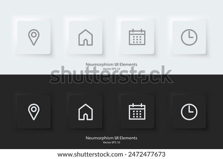 Appointment sign. A set of black and white square buttons with appointment symbols. Location, address, date and time icon. 3D Neumorphism design style for Websites, Interfaces, and mobile apps. UI UX.