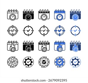 Compromisso, Destino, Prazo final, Progresso, conjunto de ícones de vários estilos.