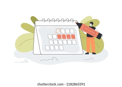 Appointments schedule, business events in calendar for employee. Male character holding marker to mark date flat vector illustration. Reminder concept for banner, website design or landing web page