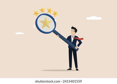 Valoración, análisis del concepto de desempeño de los empleados, evaluación o valoración de la calidad o valor, empresario con lupa con puntuación de calidad de estrellas.