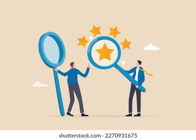 Appraisal, evaluate or assessment for quality or value, property or real estate rating evaluation, analyze employee performance concept, businessman with magnifying glass with stars quality score.