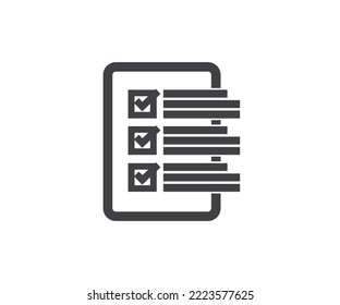 Forma de evaluación y diseño del logotipo del papeleo. Cuestionario con casillas de verificación, rellenado el formulario de encuesta de diseño de vectores e ilustración.
