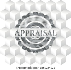 Appraisal grey icon or emblem with geometric cube white background. 