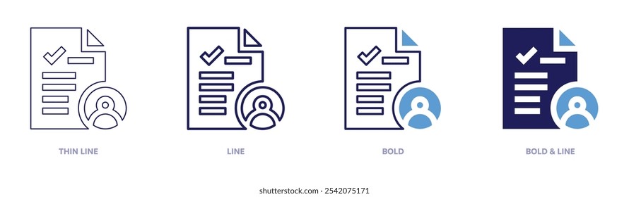 Icono de evaluación en 4 estilos diferentes. Línea delgada, línea, negrita y línea negrita. Estilo duotono. Trazo editable.