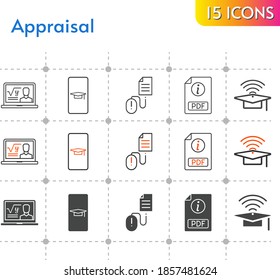 appraisal icon set. included student-smartphone, professor, pdf, cap, click icons on white background. linear, bicolor, filled styles.