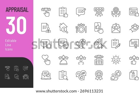 Appraisal Line Editable Icons set. Vector illustration in modern thin style of review related icons: questionnaire, ranking, customer satisfaction, and more. Isolated on transparent background.
