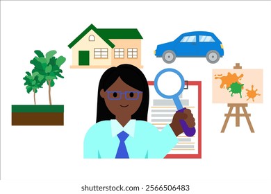 Appraiser. Dark-skinned woman with magnifying glass appraising real estate, cars, paintings. Vector simple color flat illustration.