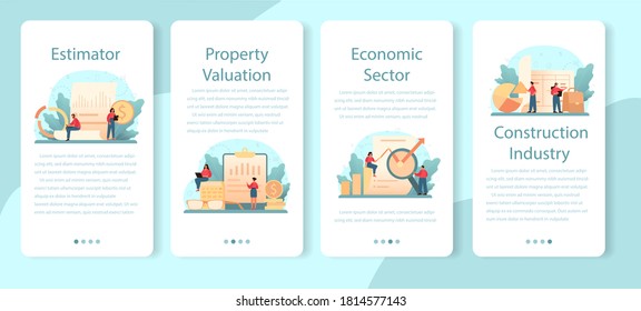 Appraiser, financial consultant mobile application banner set. Appraisal services, property valuation, selling and buying. Real estate agency or business specialist. Isolated flat vector illustration