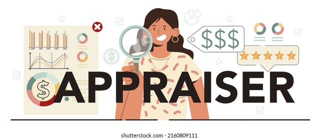 Appraiser typographic header. Valuables evaluation services, selling and buying a busness or property. Investing and financial success idea. Isolated flat vector illustration