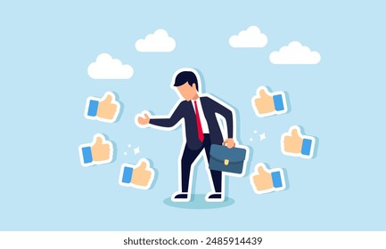 Appreciate or acknowledge coworkers, respect and honor great people, show admiration and gratitude, concept of A businessman respected by colleagues receives thumbs up for his help and success