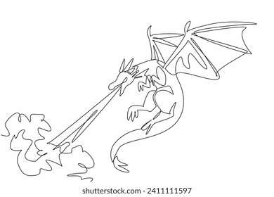 Appreciate a Dragon Day. One single line drawing of fire breathing and flying fairytale dragon. Chinese folklore about monster creature with tail and wings. Medieval fantasy and mythology giant beast