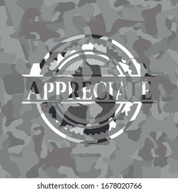 Appreciate grey camo emblem. Vector Illustration.