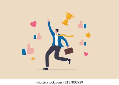 Appreciate high performance employee, good job or praising success staff, recognition or congratulation concept, cheerful success businessman with appreciation thumbs up applause, stars and trophy.