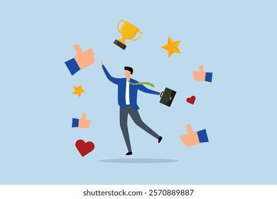 Appreciate high performance employee,  joyful achievement entrepreneur with gratitude thumbs up clapping, stars and award.