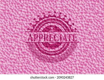 Apreciar el emblema rosa con fondo de burbujas. Ilustración vectorial. Detallado. 