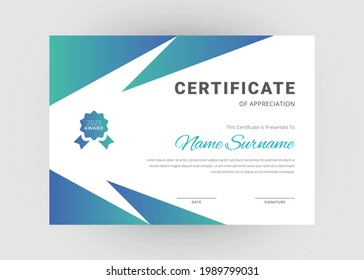 Diseño de certificados de reconocimiento y logro. Plantilla de certificado de apreciación. Plantilla abstracta creativa moderna.