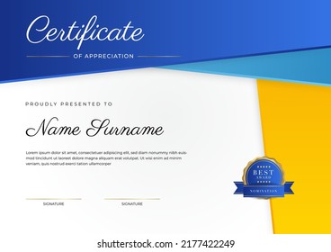 Appreciation and Achievement Certificate Template Design with modern fresh background border decoration elements