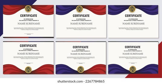 Diseño de plantilla de certificado de logro de reconocimiento en seis opciones. certificado vectorial de diploma 