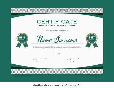 Appreciation and Achievement Certificate Template Design. Clean modern abstracts, ornaments, and certificates. Diploma Certificate vector template, certificate of achievement with badge.