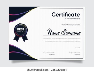 Appreciation and Achievement Certificate Template Design. Clean modern abstracts, ornaments, and certificates. Diploma Certificate vector template, certificate of achievement with badge.