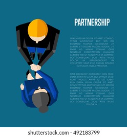 Appreciation banner, vector illustration. Top view of two business partners shaking hands isolated on blue background with space for text. Business people meeting. Collaboration and partnership.