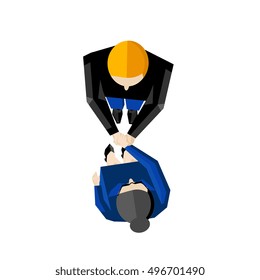 Appreciation banner, vector illustration. Top view of two business partners shaking hands isolated on white background with space for text. 