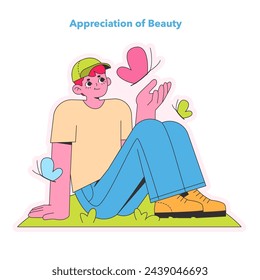 Appreciation of Beauty concept. Relaxed man in nature, marveling at the simplicity and allure of his surroundings. A moment of gratitude. Vector illustration