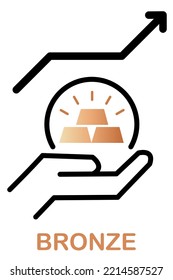 Appreciation of Bronze. Fluctuations during economic crisis. Increase in value of Bronze. Ingots of bronze inside hand. Upward arrow. Outline. Isolate on white background. Vector
