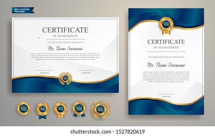 Appreciation certificate in blue and gold color with border vector template