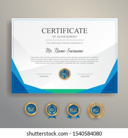 Appreciation certificate in blue and green color with gold badge and border vector template