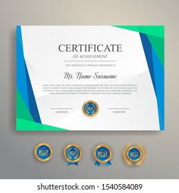 Appreciation certificate in blue and green color with gold badge and border vector template