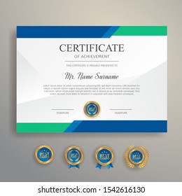 Appreciation certificate in blue and green color with gold badge and border vector template