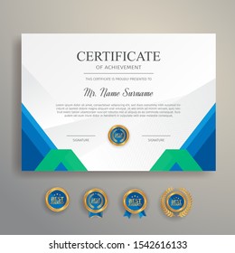 Appreciation certificate in blue and green color with gold badge and border vector template