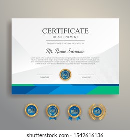 Appreciation certificate in blue and green color with gold badge and border vector template