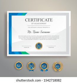 Appreciation certificate in blue and green color with gold badge and border vector template