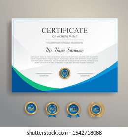 Appreciation certificate in blue and green color with gold badge and border vector template