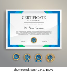 Appreciation certificate in blue and green color with gold badge and border vector template