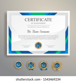 Appreciation certificate in blue and green color with gold badge and border vector template