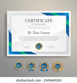 Appreciation certificate in blue and green color with gold badge and border vector template