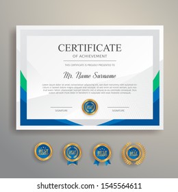 Appreciation certificate in blue and green color with gold badge and border vector template