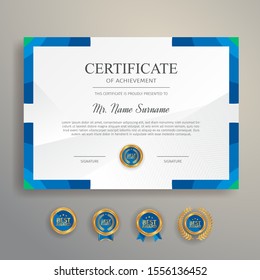 Appreciation certificate in blue and green color with gold badge and border vector template